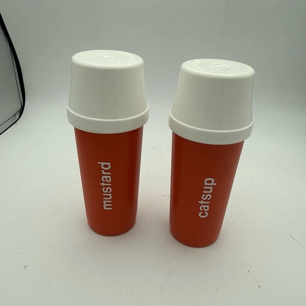 VTG 70’s Tupperware Catsup & Mustard Orange Containers W/ Pump And Lids